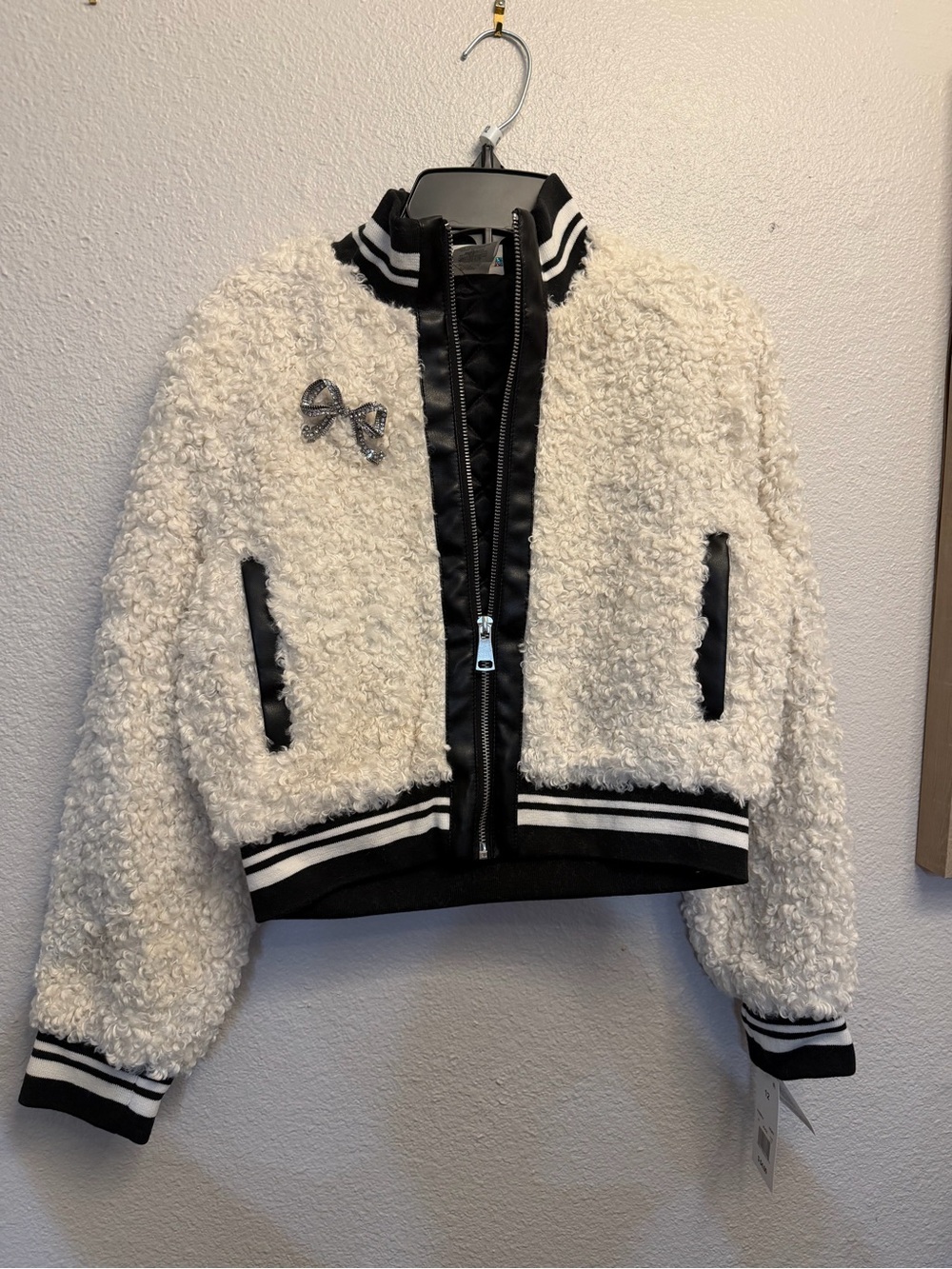 Cream Sherpa Bomber Jacket with Black Trim for Kids
